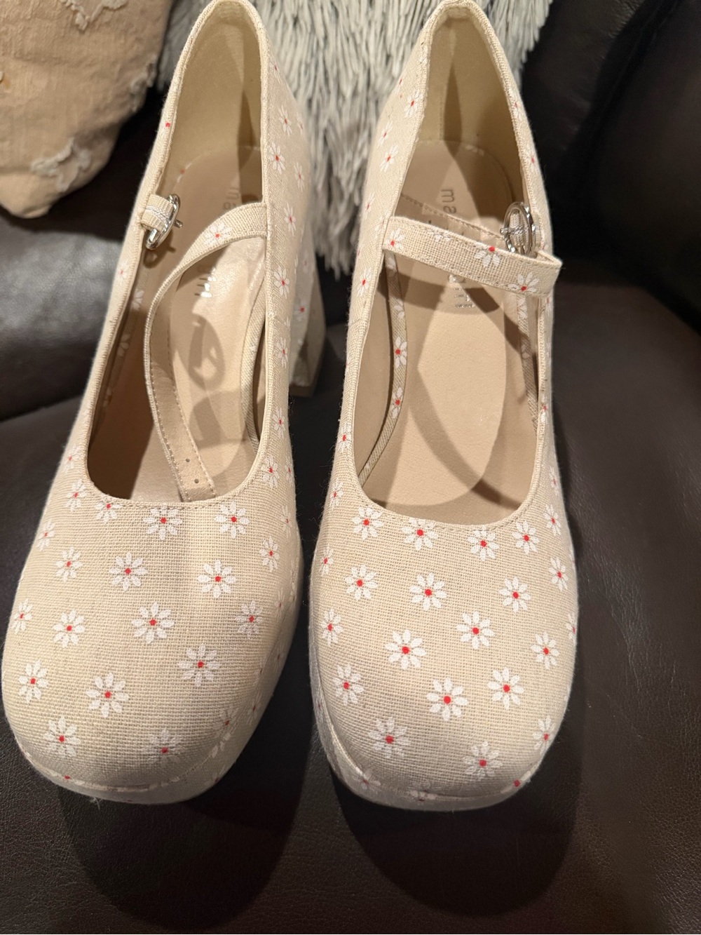 Madden Girl Cream Mary Jane Heels with White Daisy Embroidery